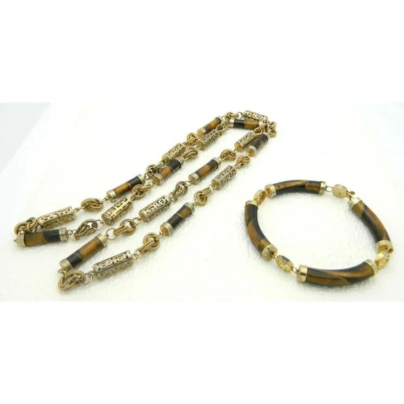 Genuine Real Tiger's Eye Gold Tone Asian Set - Picture 1 of 6